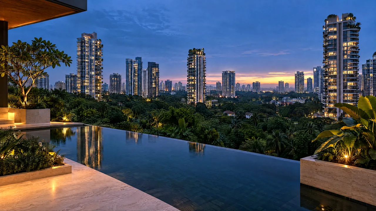 A sky terrace pool overlooking green neighbourhoods and towers at blue hour (illustrative)