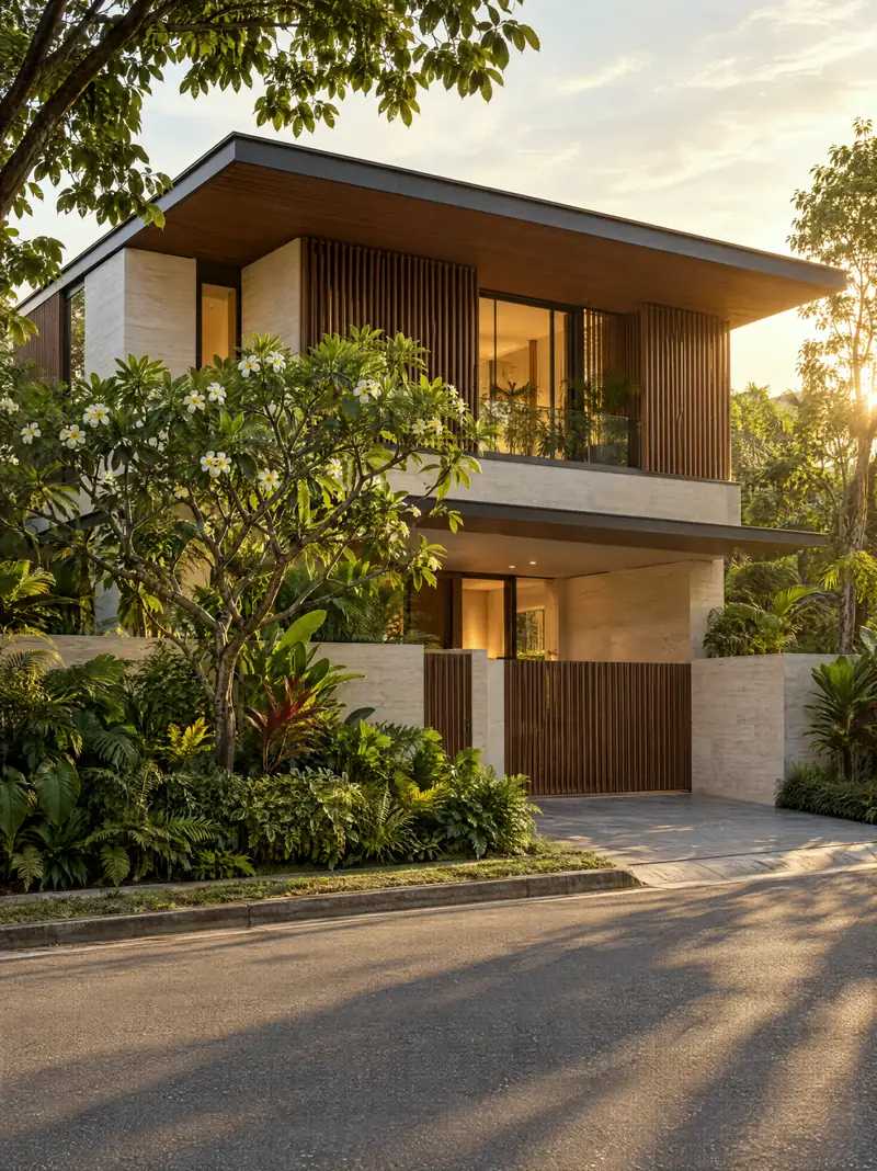 A contemporary landed house behind tropical planting at golden hour (illustrative)