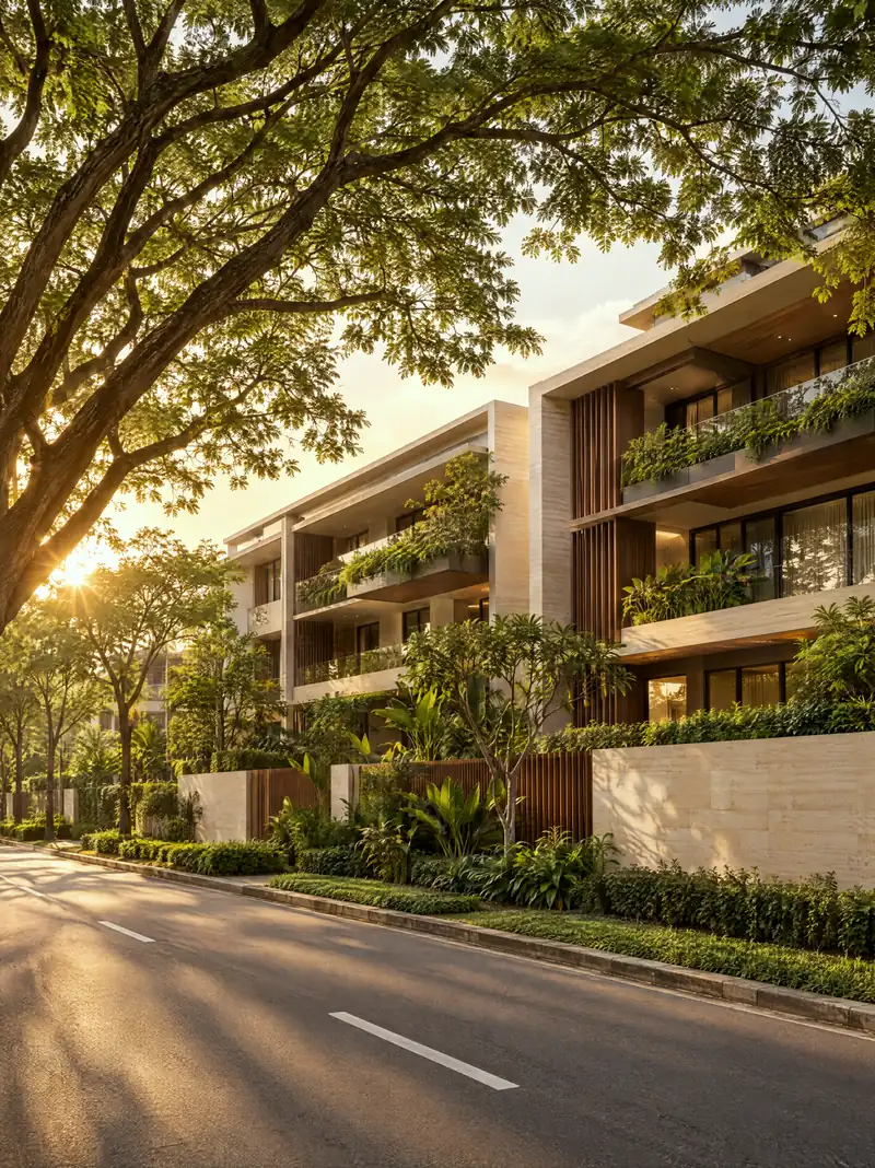 A tree-lined residential street with a low-rise condominium at golden hour (illustrative)